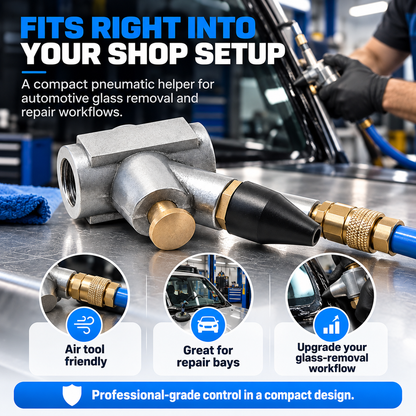 Pneumatic air nozzle connected to workshop air hose with automotive glass service scene