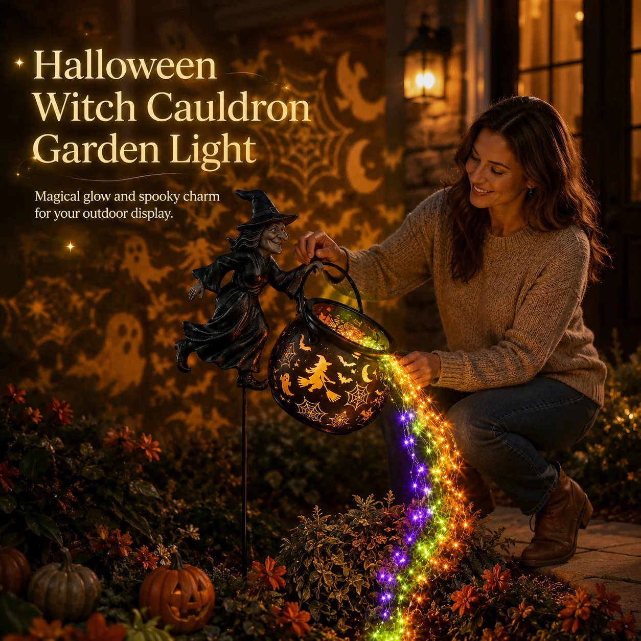🔥 LAST DAY 50% OFF-🎃 Flying Witch & Glowing Cauldron Garden Light – Magical Halloween Yard Display ✨