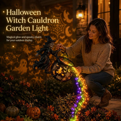 🔥 LAST DAY 50% OFF-🎃 Flying Witch & Glowing Cauldron Garden Light – Magical Halloween Yard Display ✨