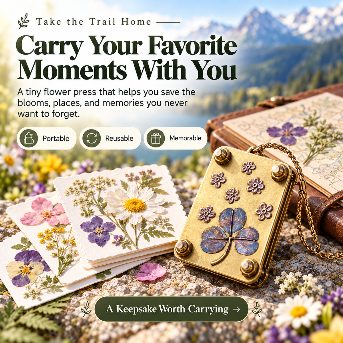 Pressed wildflowers and portable flower press beside travel journal in mountain setting