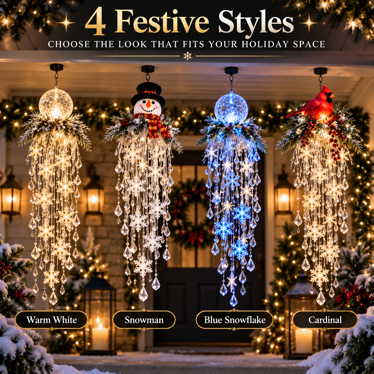 Four Christmas crystal cascade light styles including warm snowflake snowman blue snowflake and cardinal