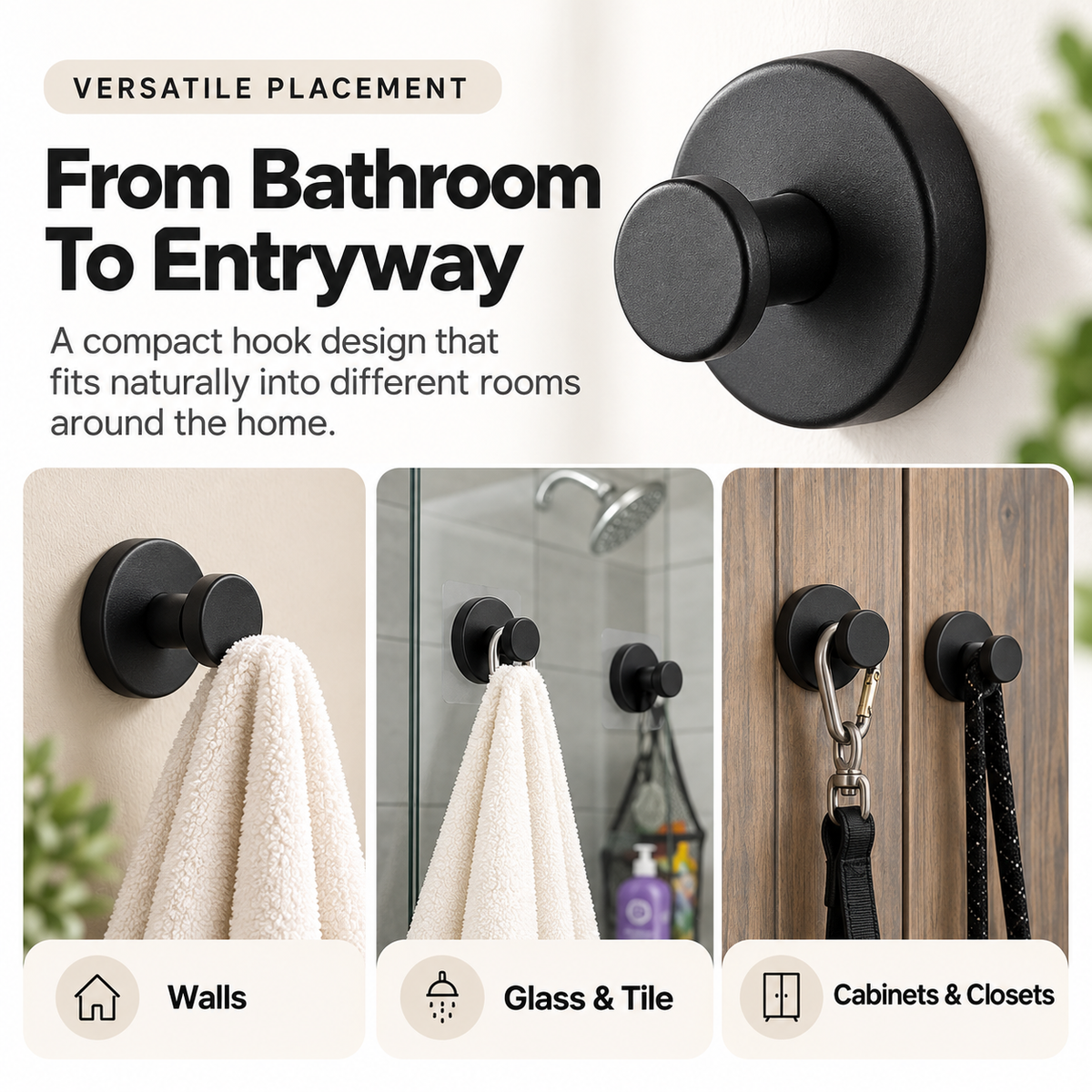 Black hooks used on wall glass tile cabinets and closets