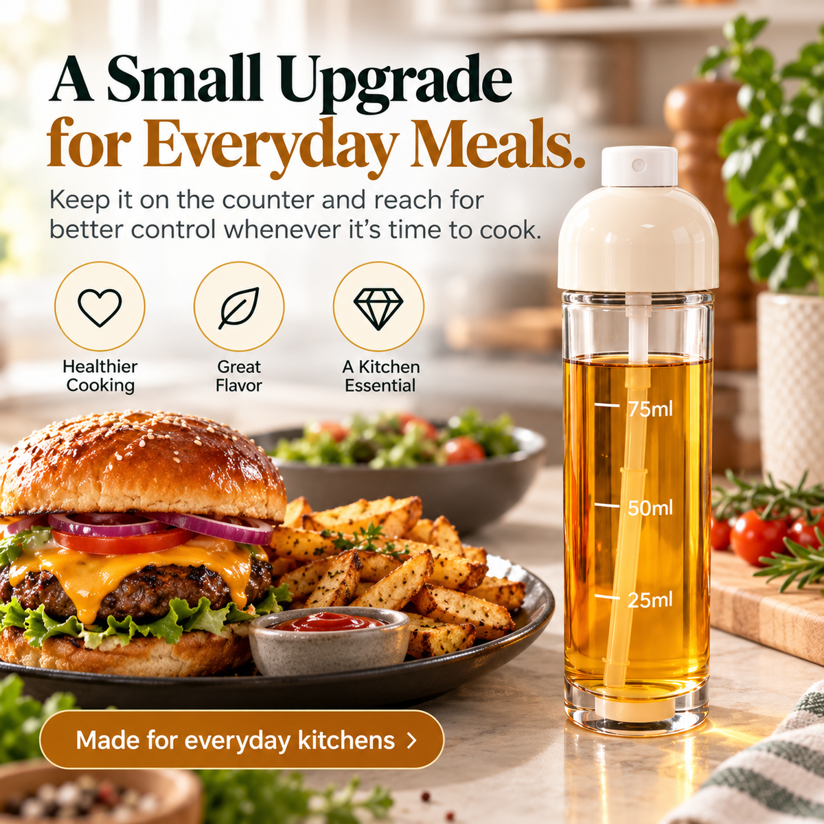 Refillable oil sprayer standing beside an everyday meal