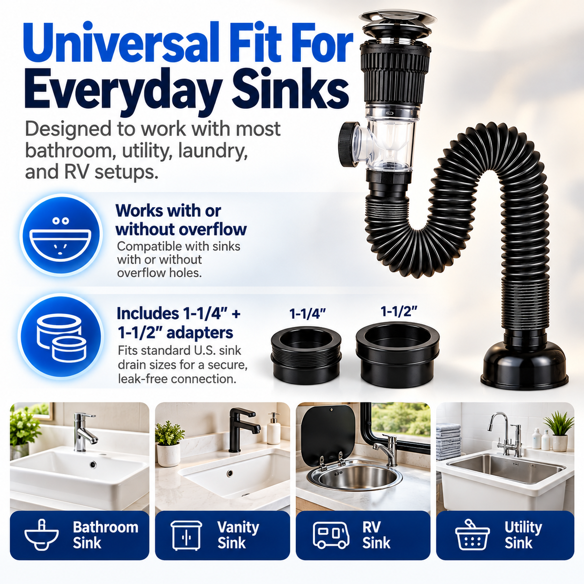 Sink drain kit compatibility with bathroom vanity RV and utility sinks plus 1.25 and 1.5 inch adapters