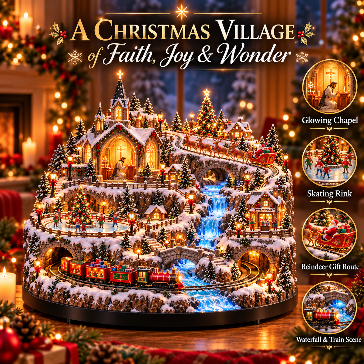 Christmas village scenery with train, sleigh, chapel and winter details