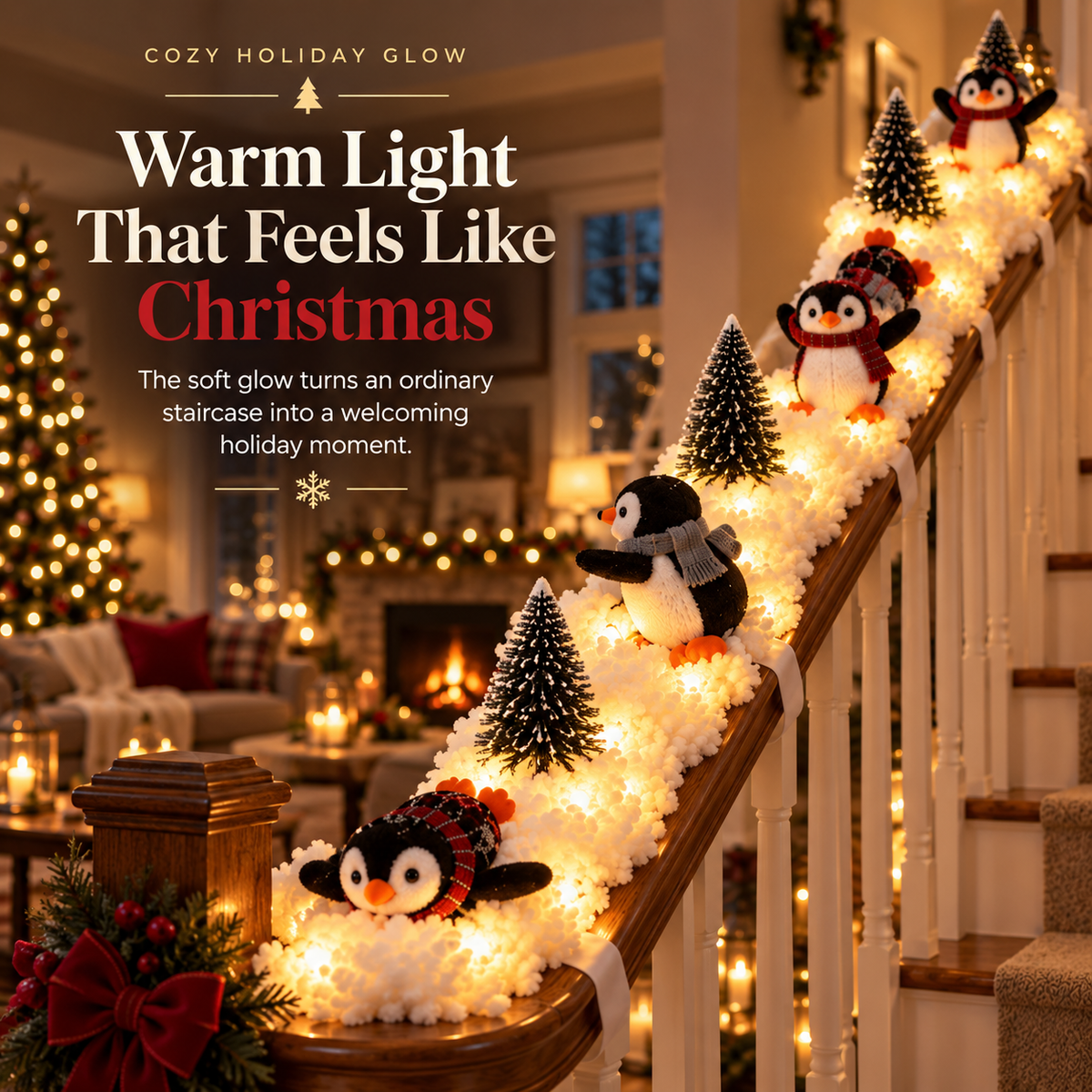 🐧 Lighted Penguin Christmas Stair Decor – 5-Piece Snowy Railing Display