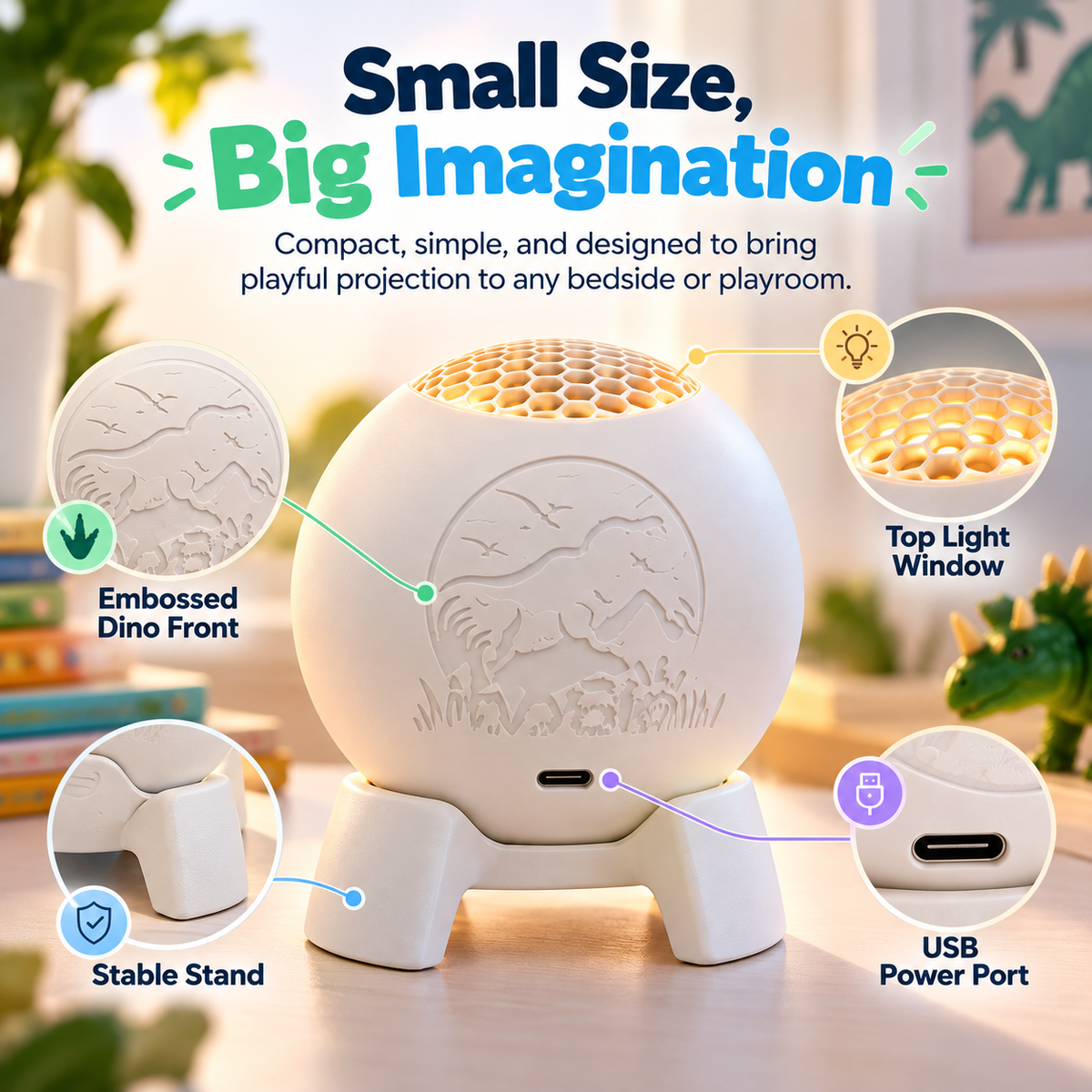 Dinosaur projector showing its top light window, embossed dinosaur front, USB port and stand