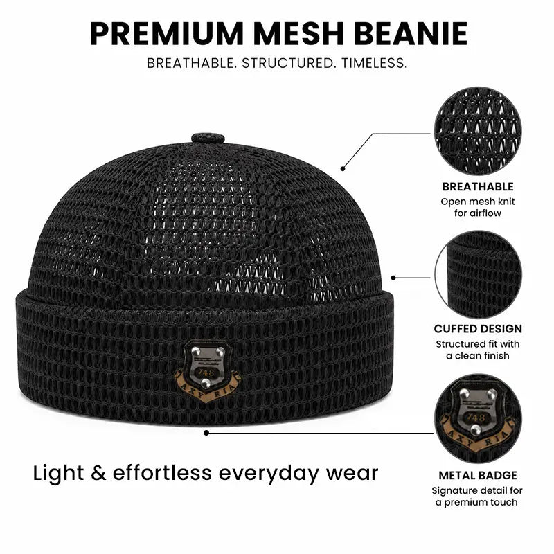 Details of lightweight open mesh beanie construction