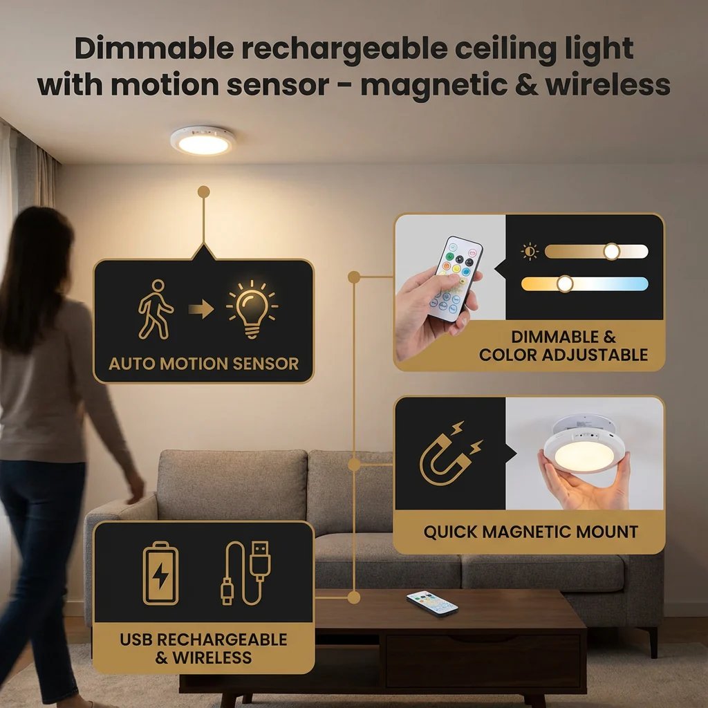 🎁LAST DAY 49% OFF🔌Rechargeable Magnetic Wireless Motion Sensor Ceiling Light with Remote💡