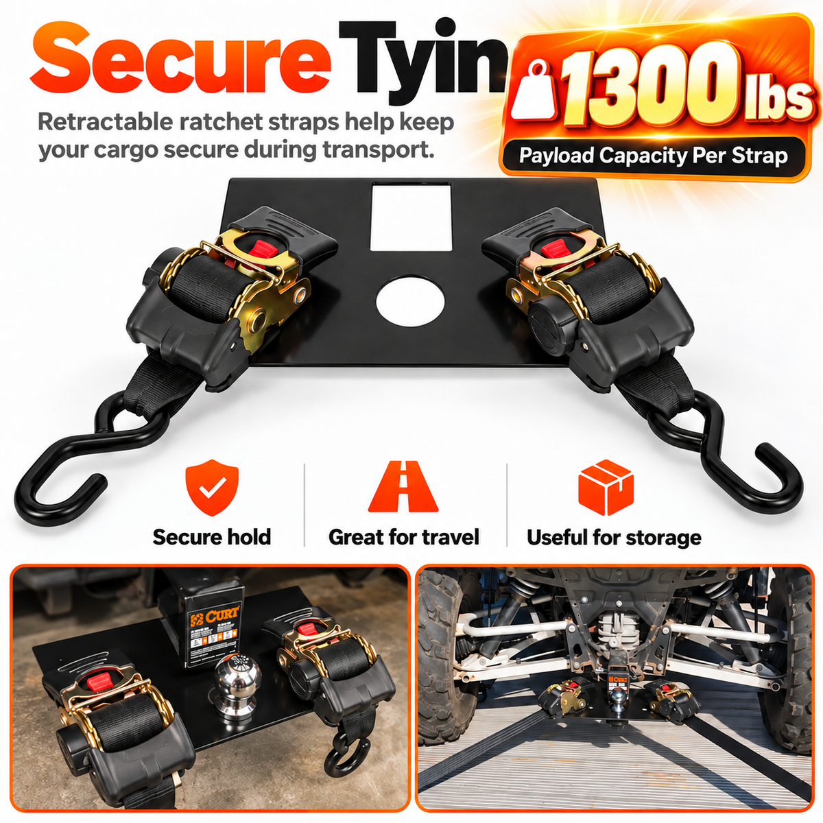Retractable ratchet straps showing 1300 pounds payload capacity per strap