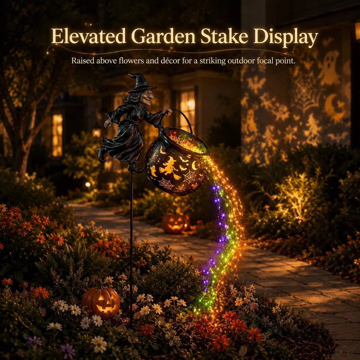 🔥 LAST DAY 50% OFF-🎃 Flying Witch & Glowing Cauldron Garden Light – Magical Halloween Yard Display ✨