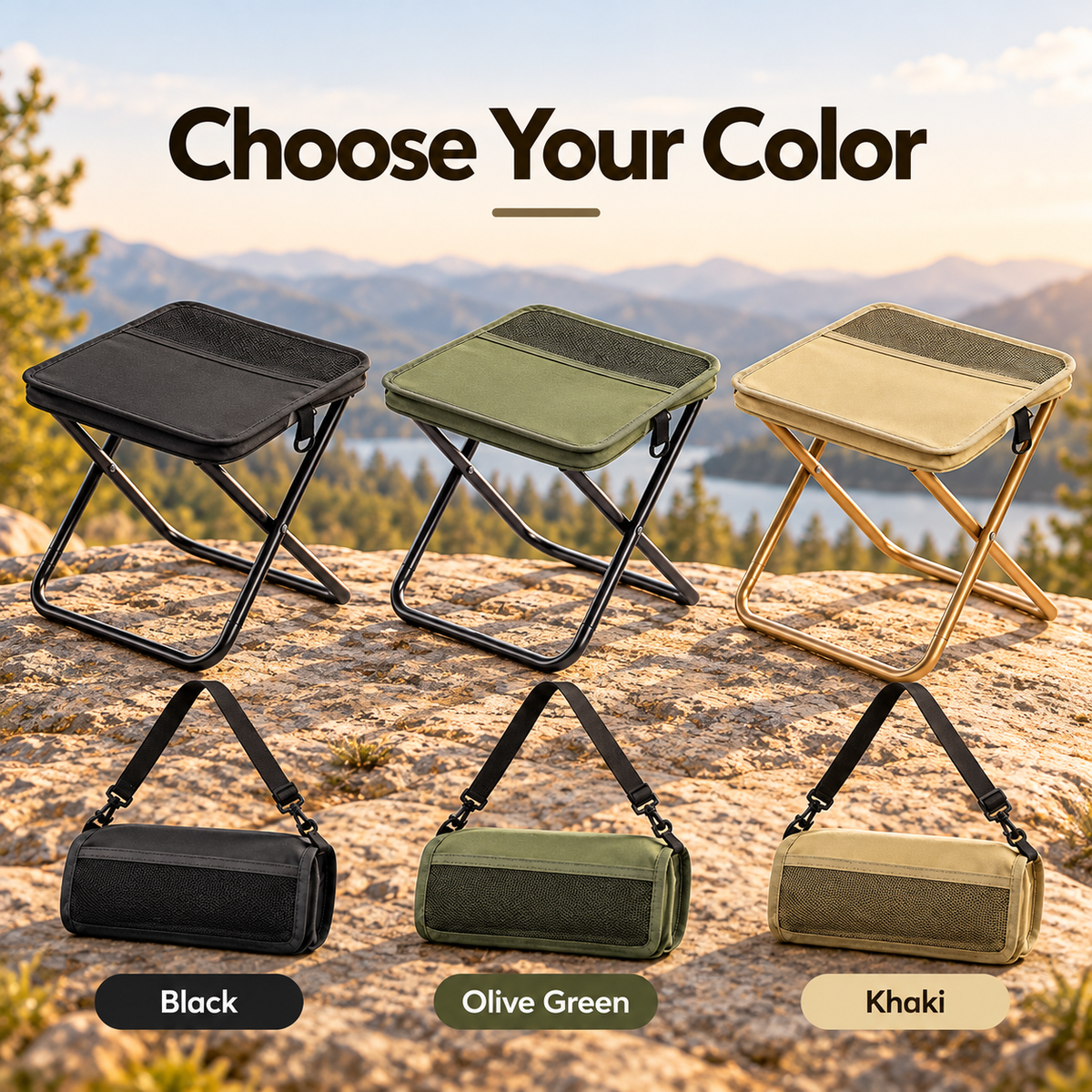 Black, olive green and khaki portable folding stools with matching carry bags