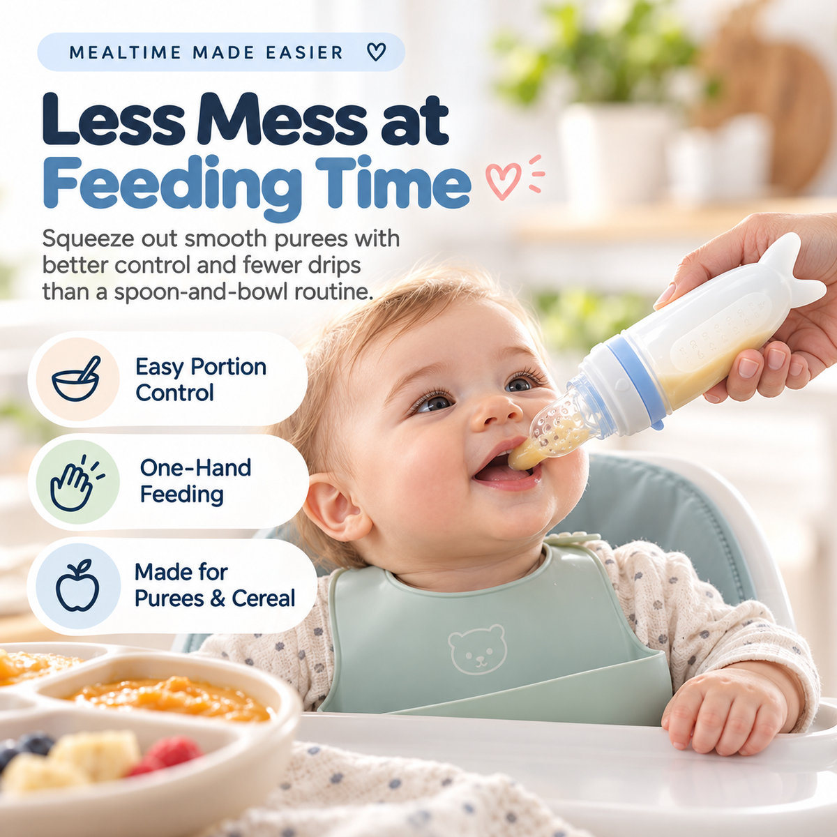 Parent using squeeze baby feeder during mealtime
