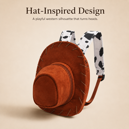 🤠 Western Cowboy Hat Shaped Backpack Cow Print Straps Mini Leather Purse 🎒