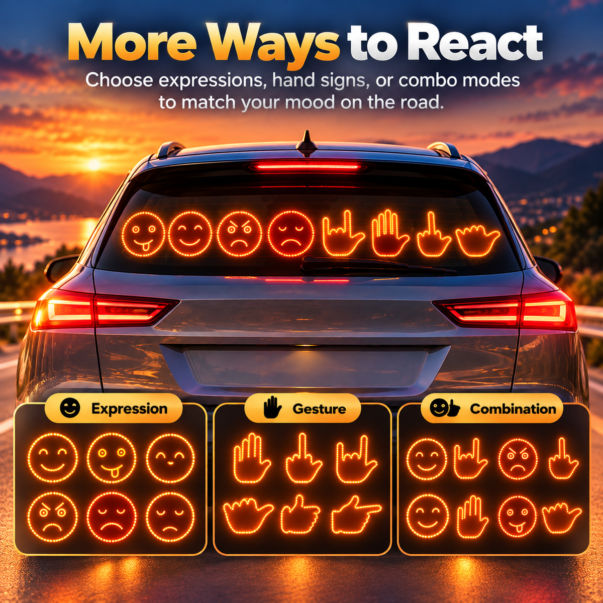 🚗🔥 LED Car Rear Window Gesture Light 😎🖕😂 – Funny Emoji & Hand Sign Display ✨ Wireless Remote Control 🚘 4 Modes | Fun Car Accessories 🎁