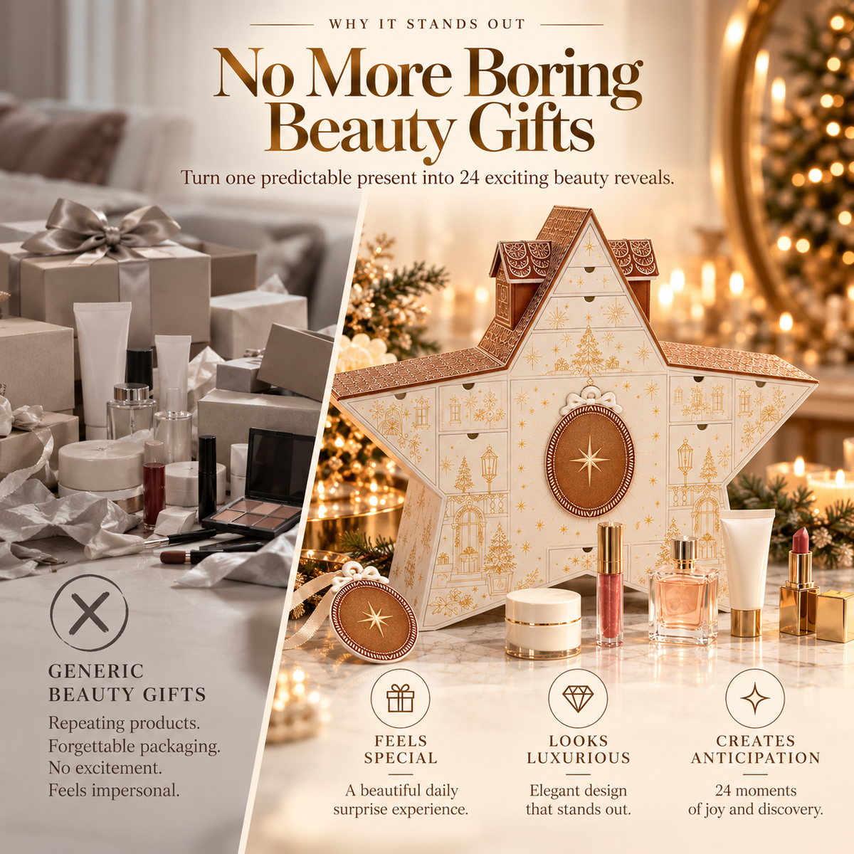 Comparison between ordinary beauty gifts and star shaped 24 day beauty advent calendar