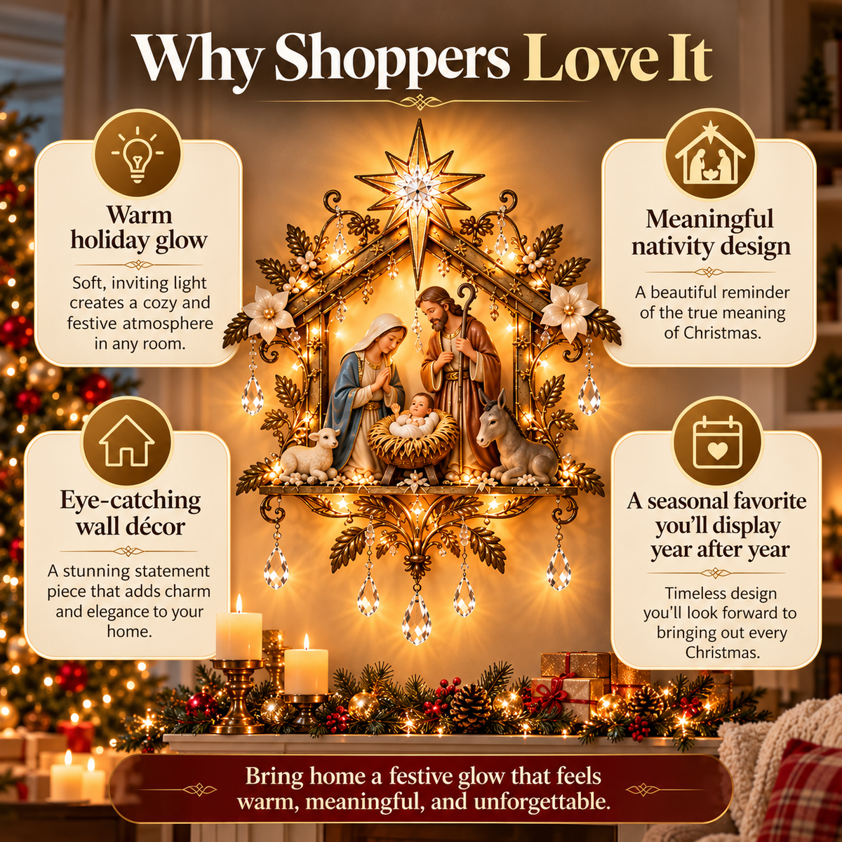 Illuminated Nativity Wall Decor – Lighted Holy Family Christmas Display