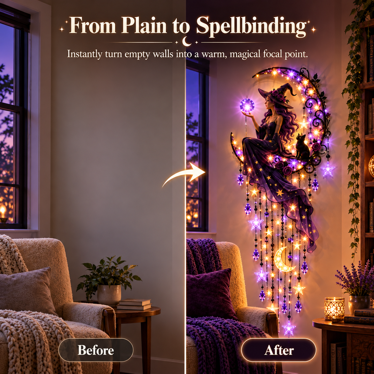 🔮✨ Enchanted Witch Moon Wall Hanging 🌙💜 Glowing Crystal Ball & Star Lights ⭐🐈‍⬛ Magical Gothic Wall Decor for Bedroom, Halloween & Cozy Home 🪄