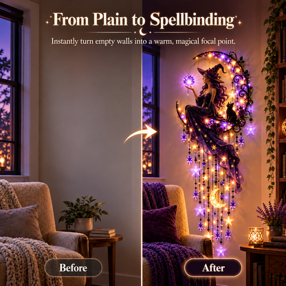🔮✨ Enchanted Witch Moon Wall Hanging 🌙💜 Glowing Crystal Ball & Star Lights ⭐🐈‍⬛ Magical Gothic Wall Decor for Bedroom, Halloween & Cozy Home 🪄
