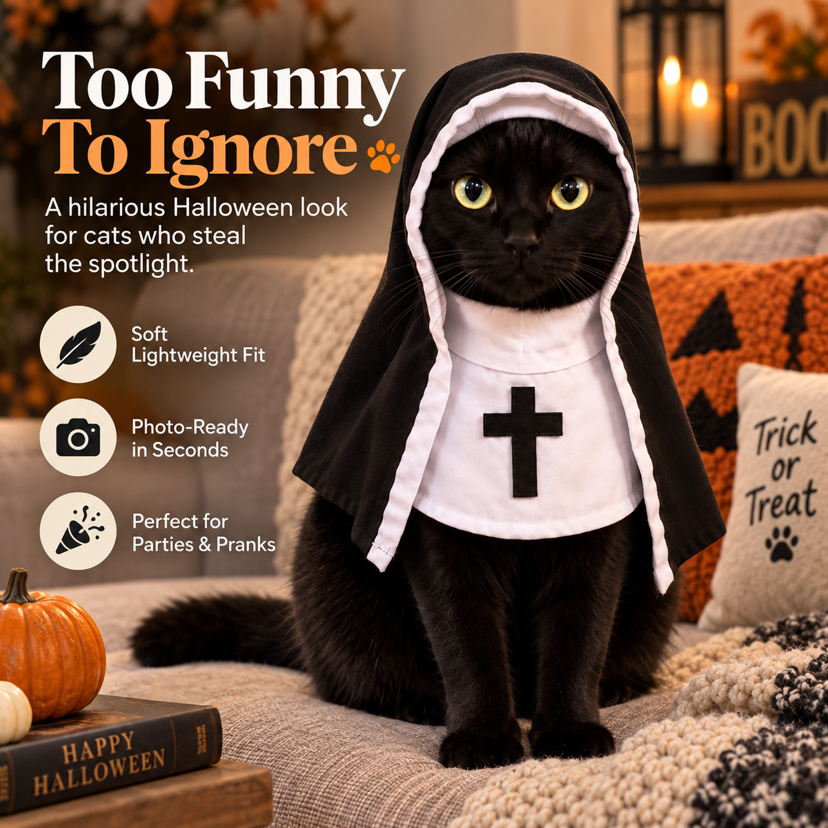 Cat wearing a hooded Halloween costume in a cozy seasonal room