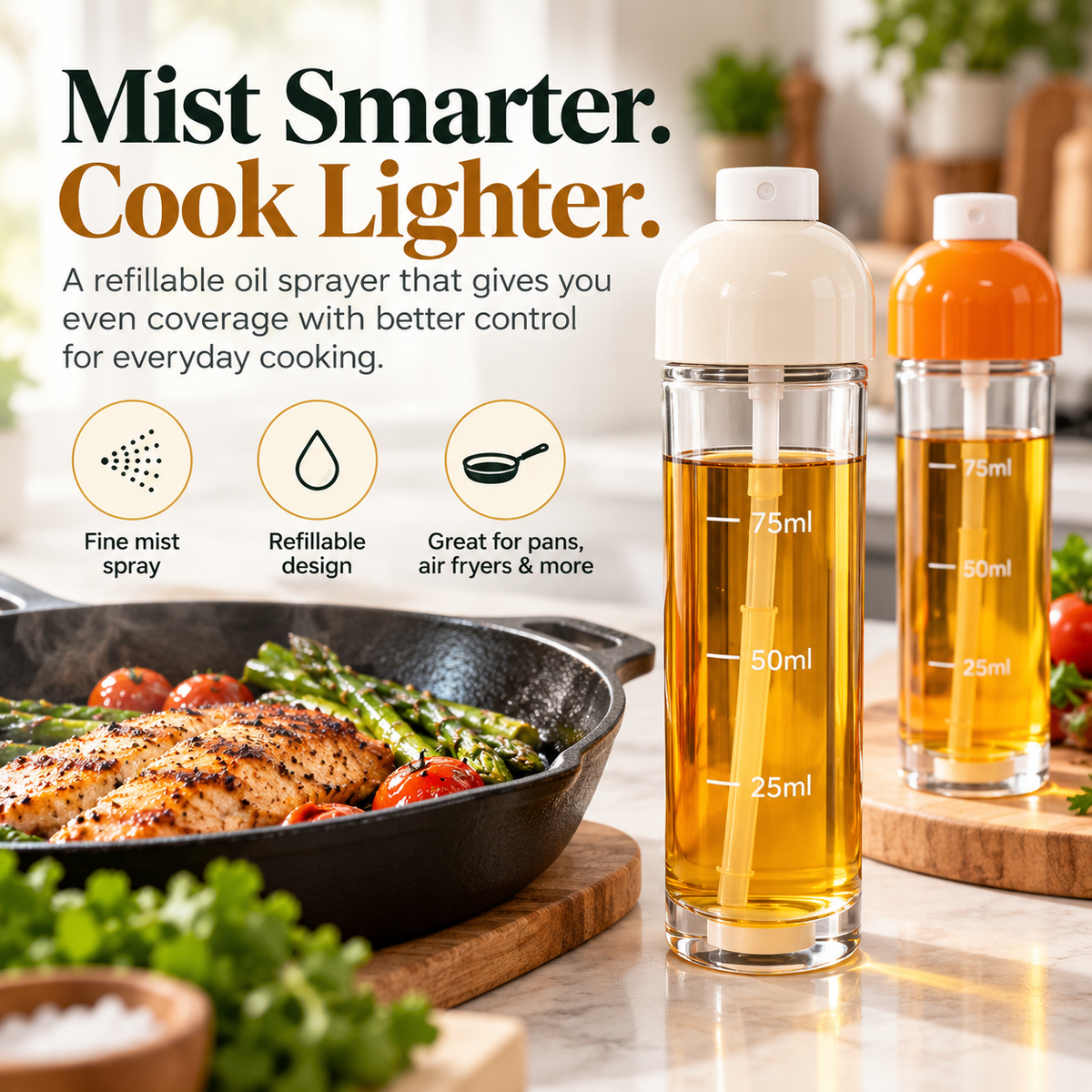 Refillable fine mist cooking oil sprayer beside a skillet