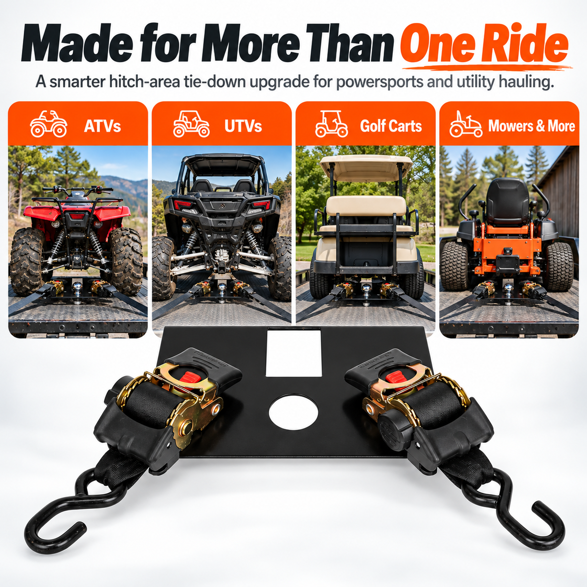 Tie down plate shown with ATV UTV golf cart and mower hauling examples