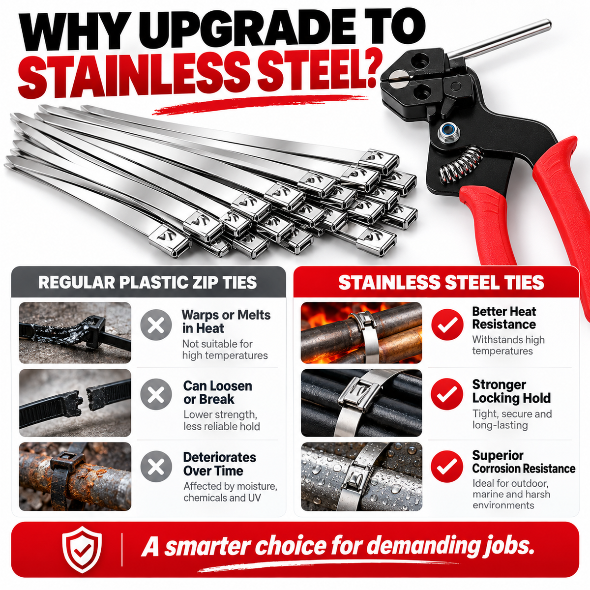 Visual comparison of conventional plastic cable ties and stainless steel metal cable ties for fastening projects
