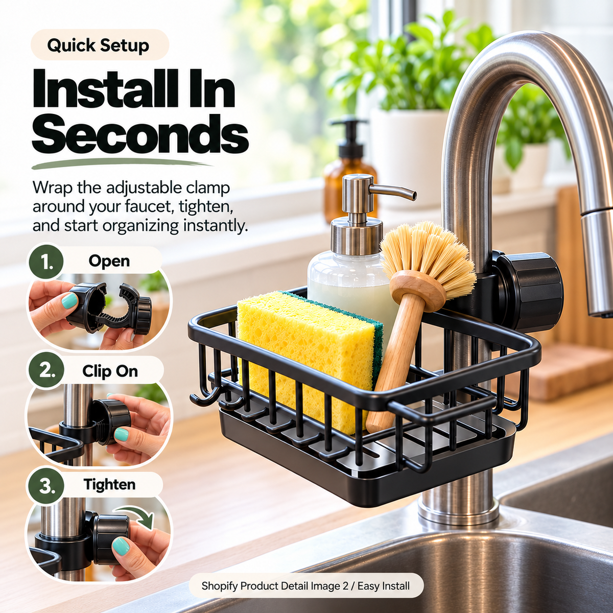 Three step installation showing the faucet organizer clamp opening, clipping on and tightening