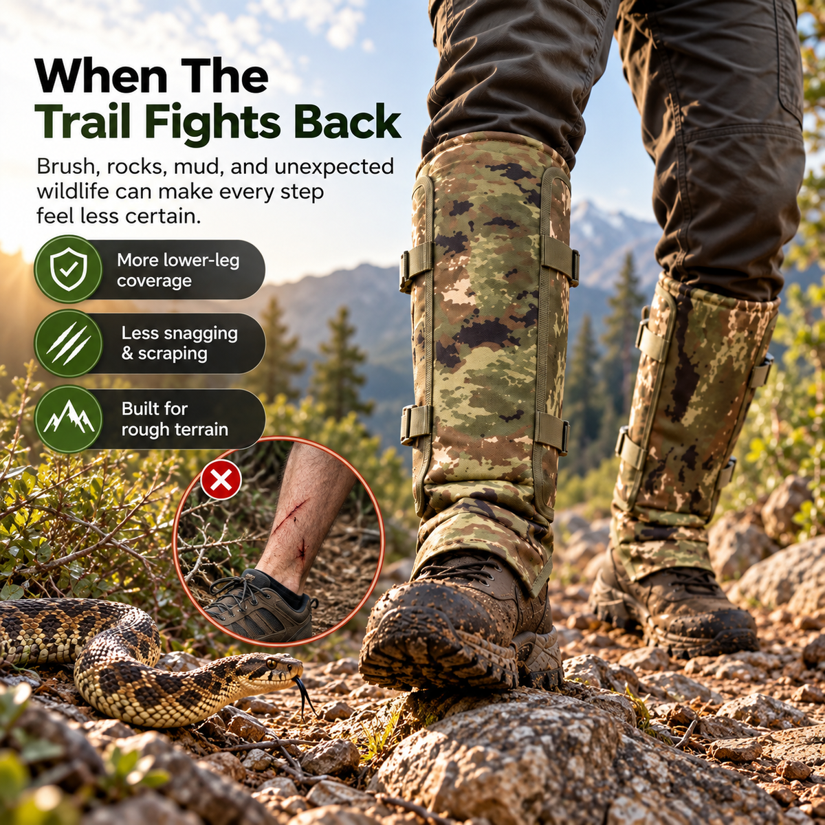Protective gaiters worn through brush rocks and rough trail terrain