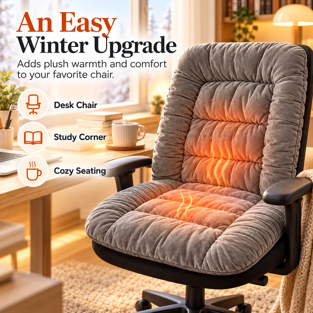 Gray heated office chair cushion styled as a cozy winter desk chair upgrade