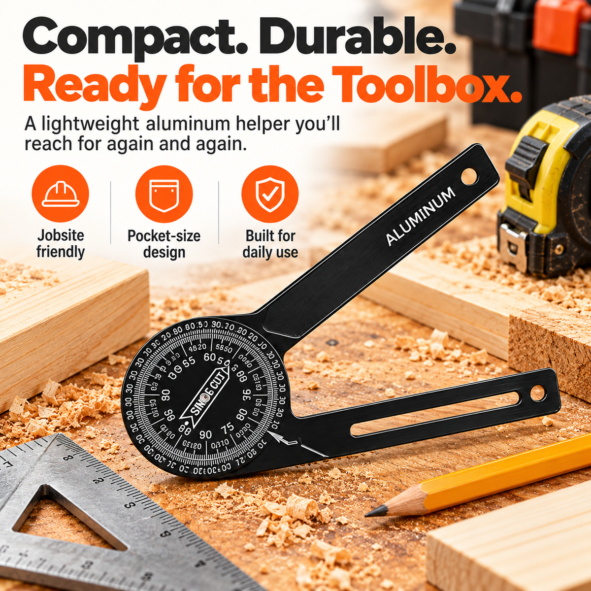 Compact lightweight aluminum miter protractor on woodworking bench beside measuring tools