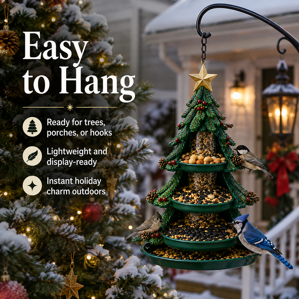 Christmas tree shaped bird feeder with festive tiers