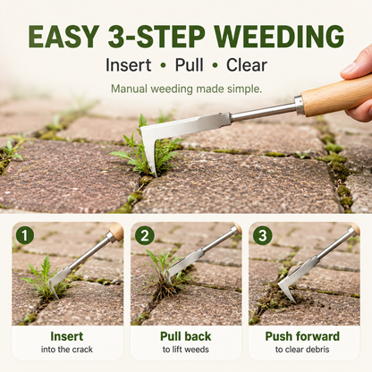 🌿Wooden Handle Crevice Weeder, Stainless Steel Manual Grass Remover for Patio, Pathways & Yards