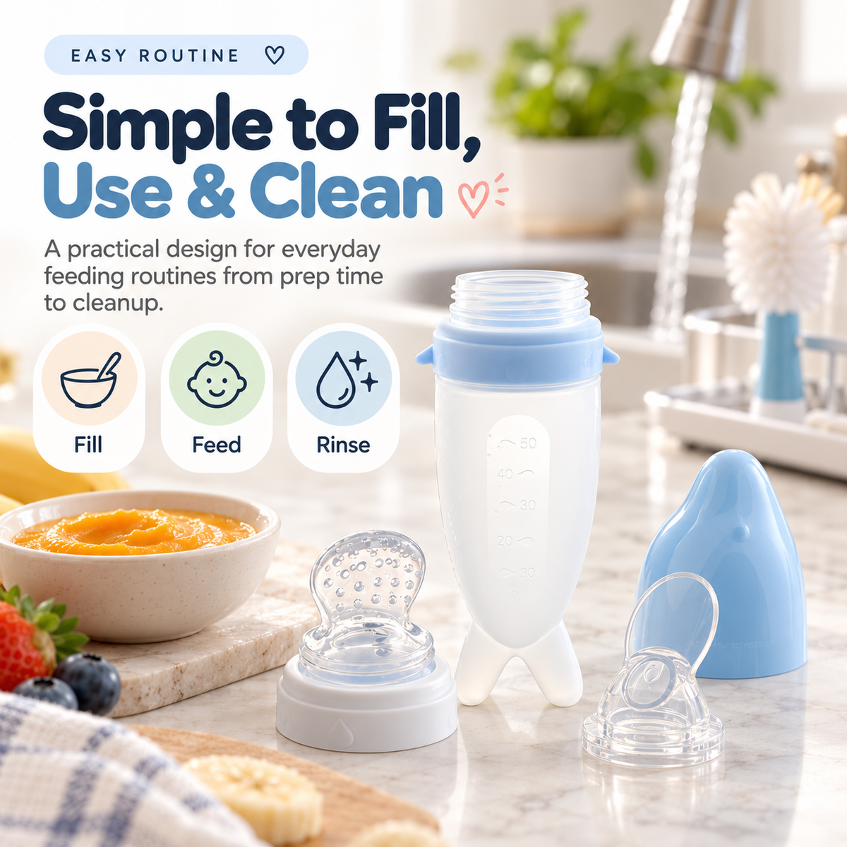 Disassembled squeeze feeder beside sink showing fill feed and rinse routine