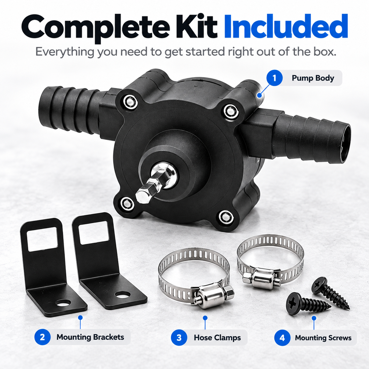 Drill-powered fluid transfer pump kit with pump body brackets hose clamps and screws