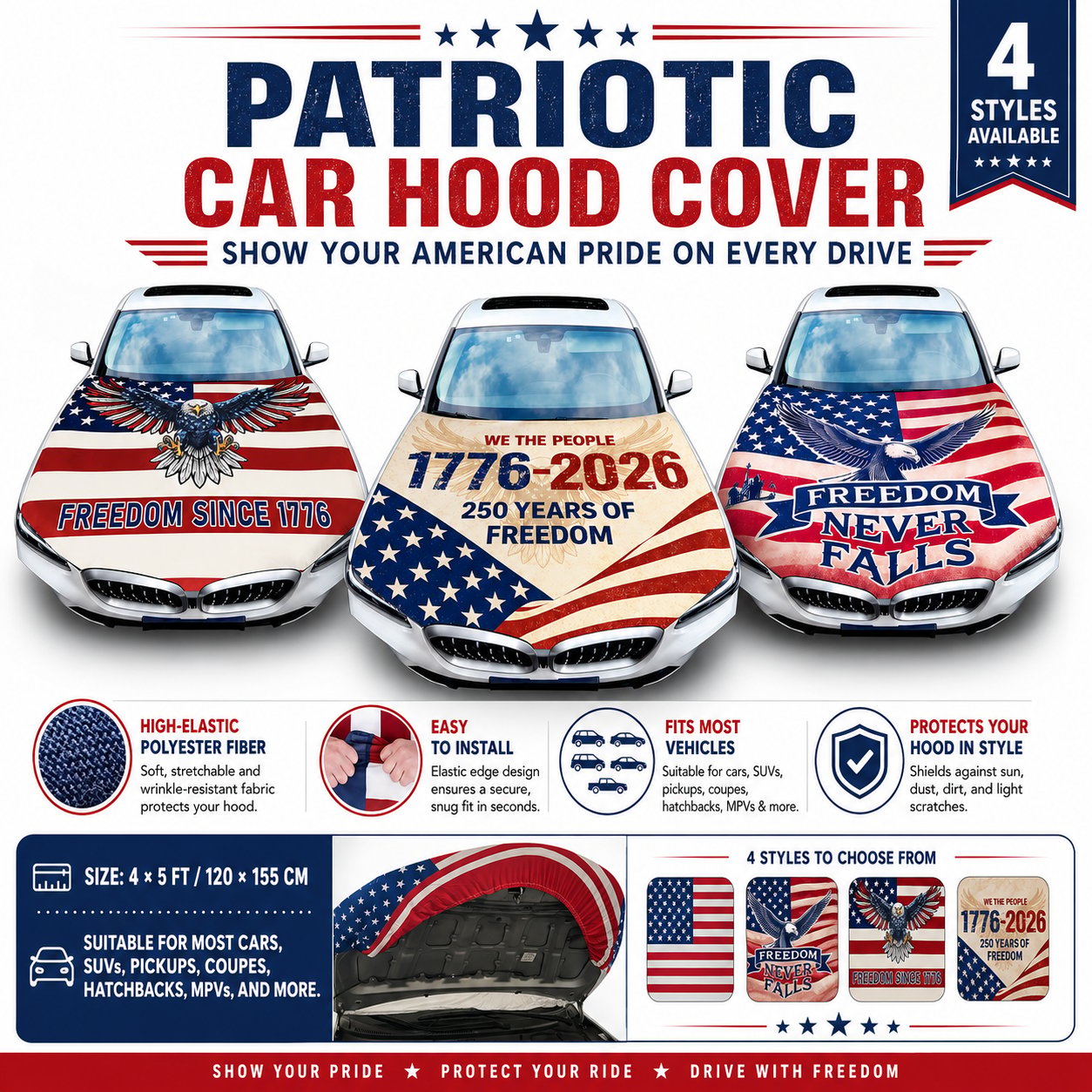 🇺🇸 Universal American Hood Flag Cover 🔥 Fits Most Cars, SUVs & Pickups🦅[Buy 2 Free Shipping]