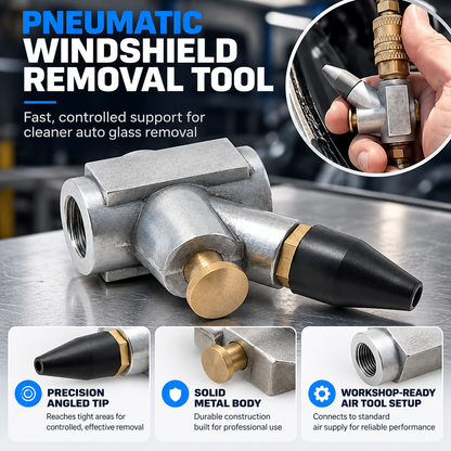 Compact pneumatic windshield removal tool with metal body and angled black nozzle