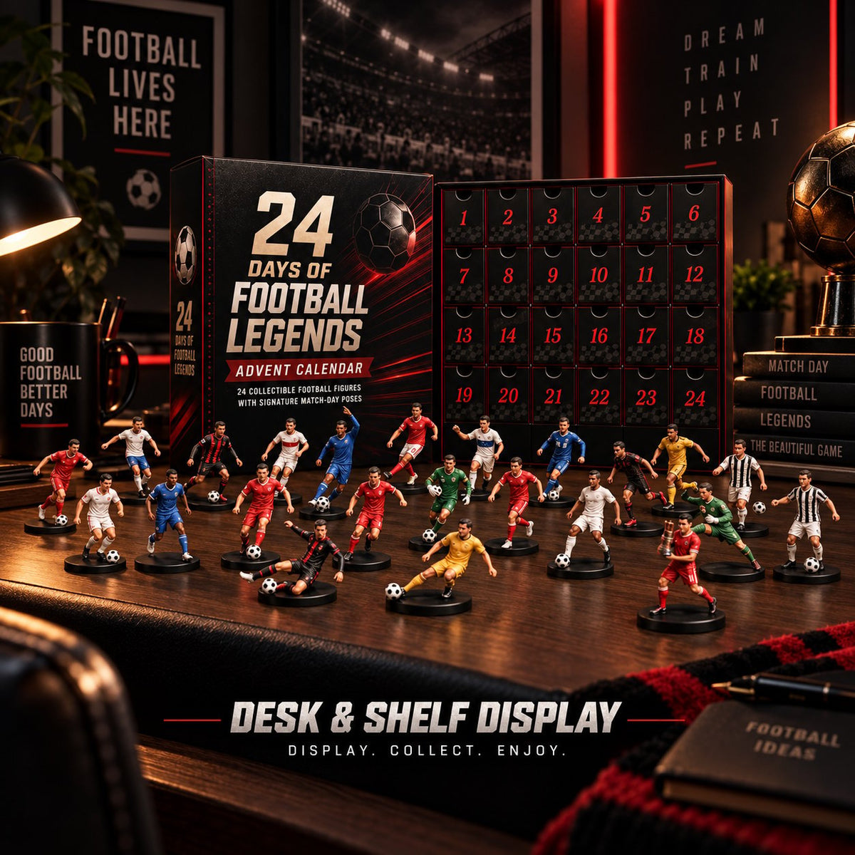 Full football figure collection displayed on a desk and shelf