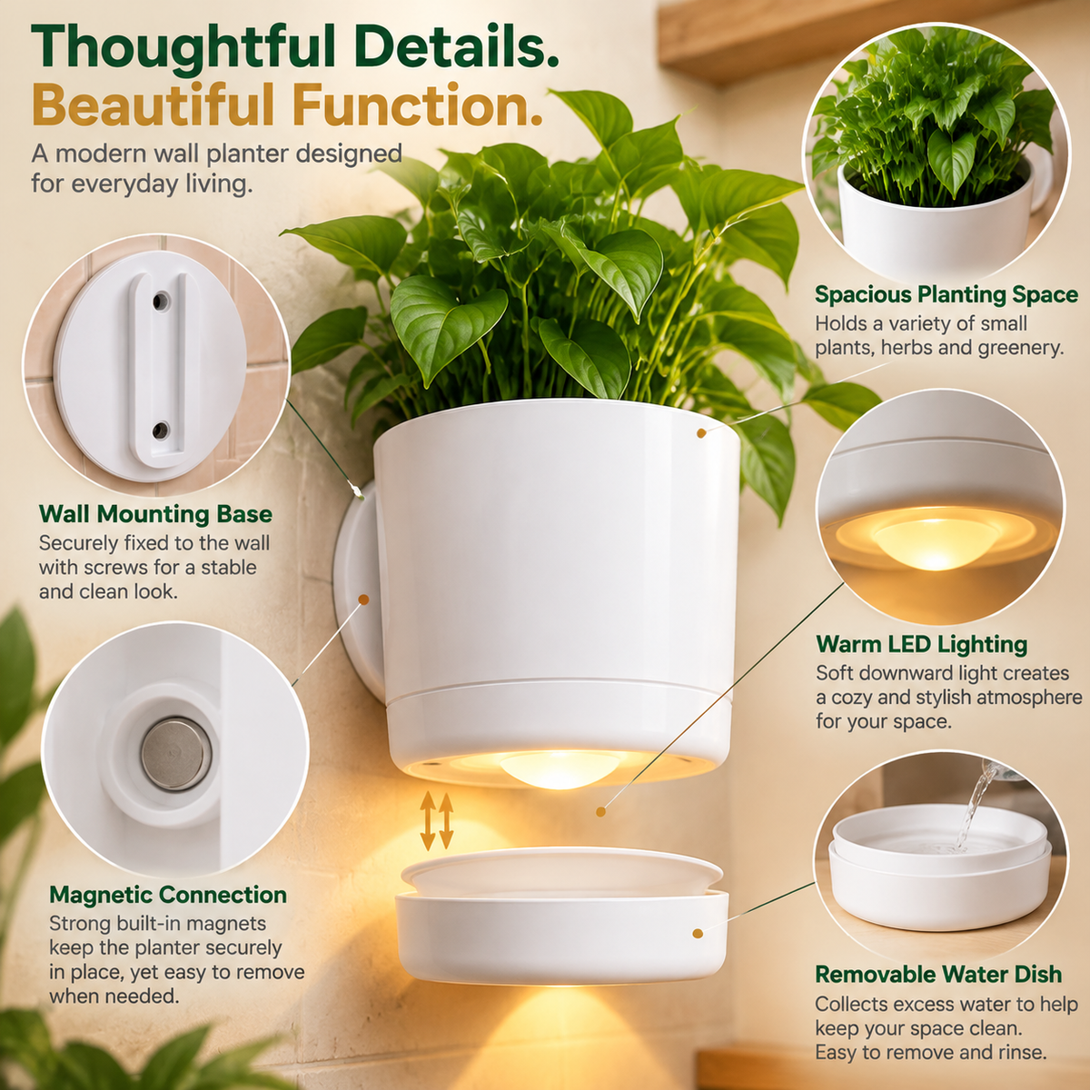 Magnetic planter with warm downward LED accent lighting