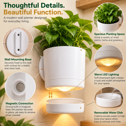Magnetic planter with warm downward LED accent lighting