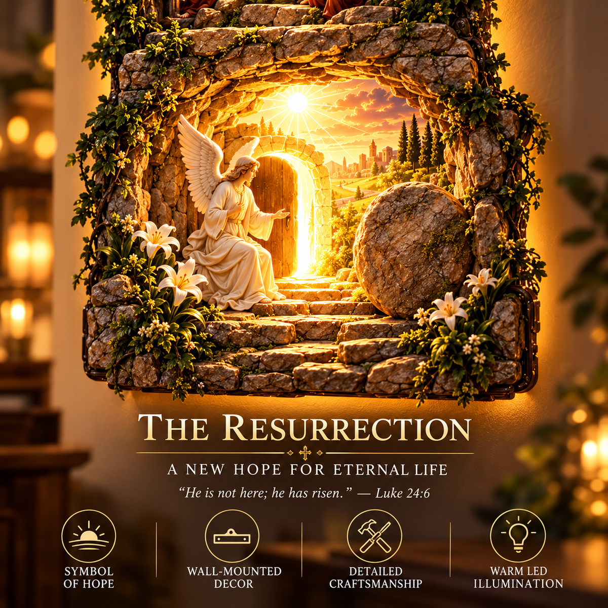 Resurrection scene with the empty tomb in the LED Christian wall cross