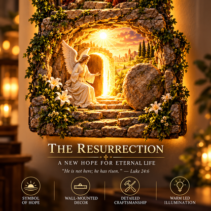 Resurrection scene with the empty tomb in the LED Christian wall cross