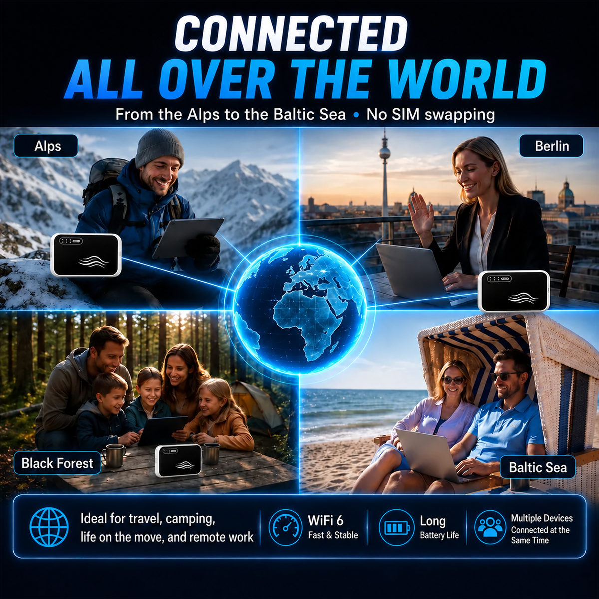 Portable WiFi shown in several travel settings