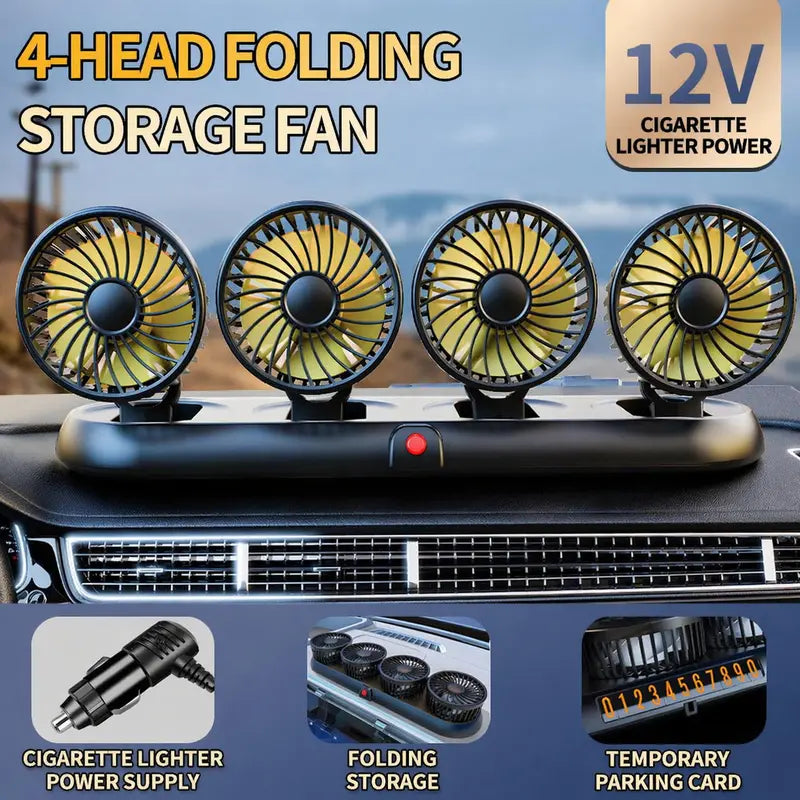 ❄️ Portable 4-Head Car Cooling Fan – 360° Adjustable Powerful Dashboard Fan for Cars, SUVs & RVs