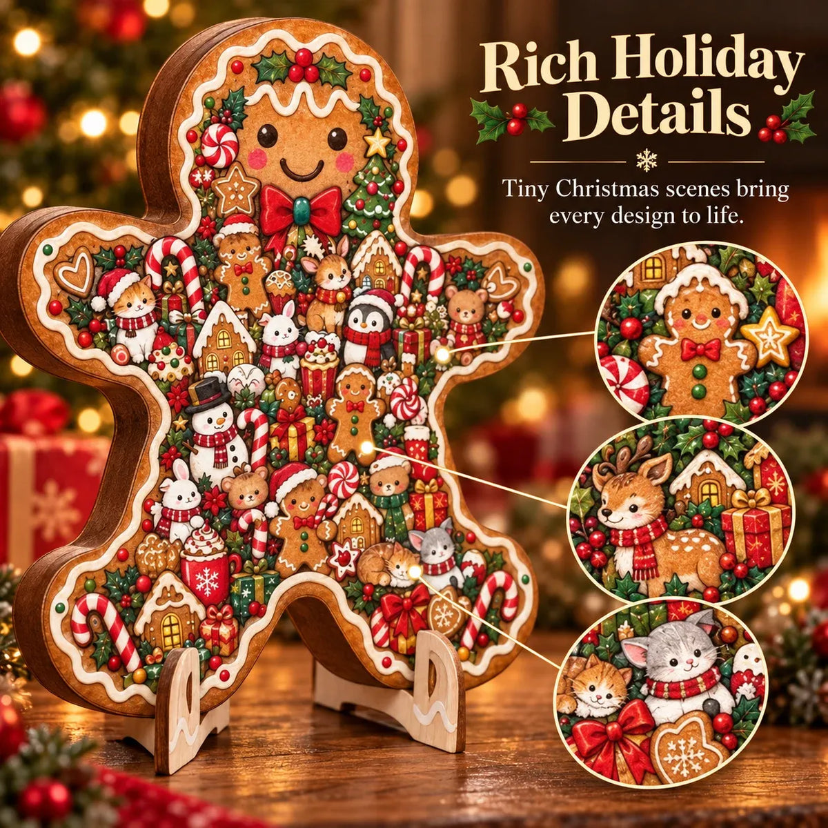 Detailed gingerbread man wooden Christmas puzzle artwork