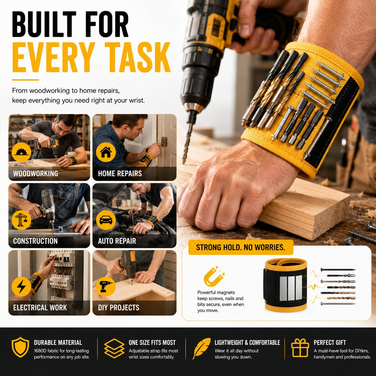 Magnetic Wristband with 9 Strong Magnets | Hands-Free Tool Holder for DIY & Woodworking