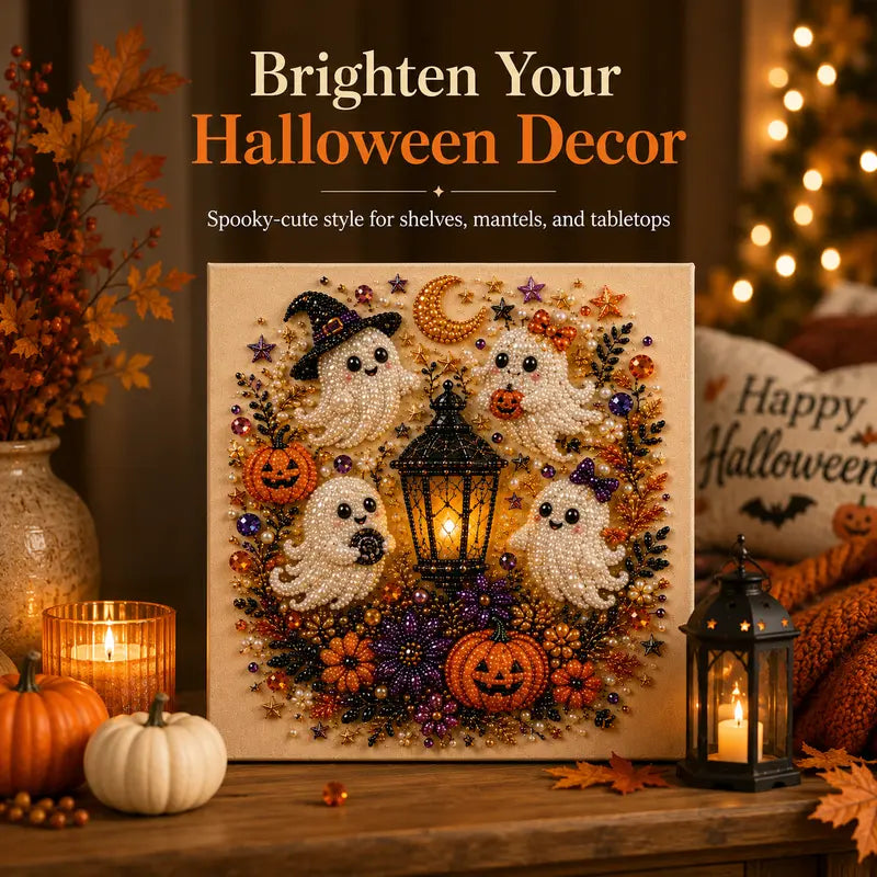 Spooky Cute Ghost Pearl Diamond Painting Kit – 8" x 8" Halloween DIY Wall Art & Craft Gift