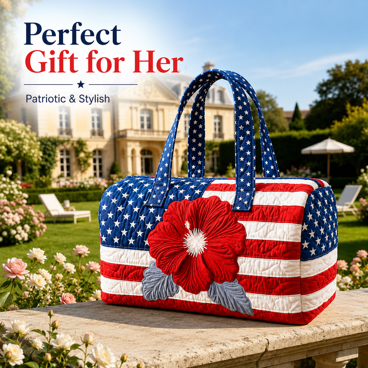 🔥Limited time 49% OFF 🇺🇸🧵 Handcrafted Patriotic Quilted Tote Bag – 3D Floral American Flag Travel Duffel