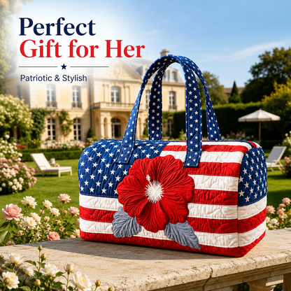 🔥Limited time 49% OFF 🇺🇸🧵 Handcrafted Patriotic Quilted Tote Bag – 3D Floral American Flag Travel Duffel