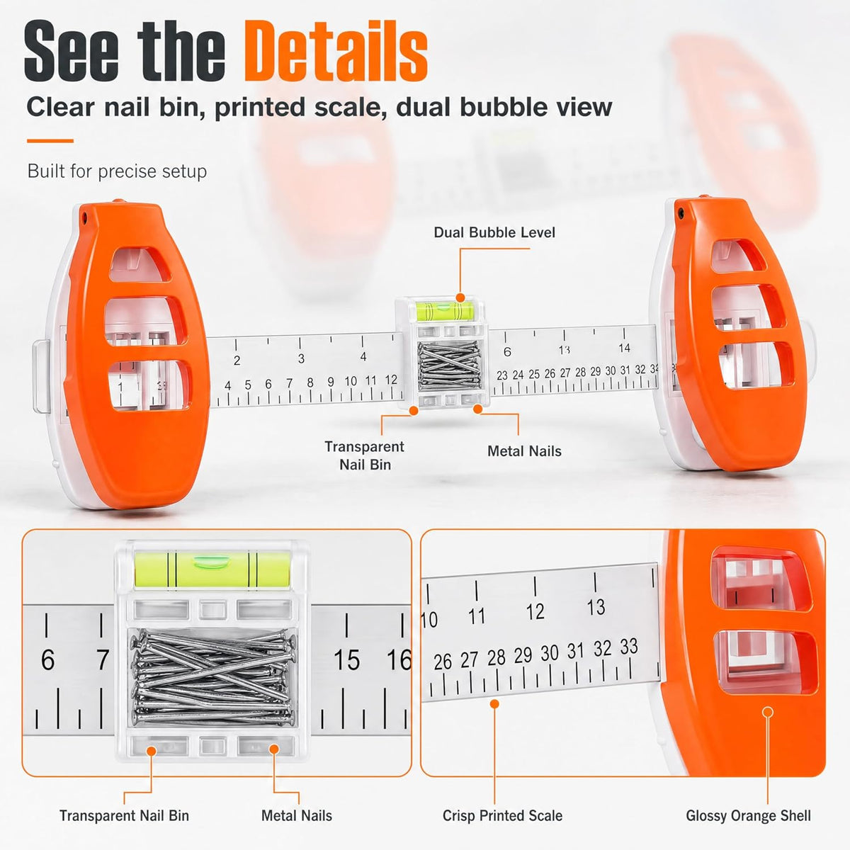 Detailed view of bubble level printed ruler nail storage and picture hanging tool